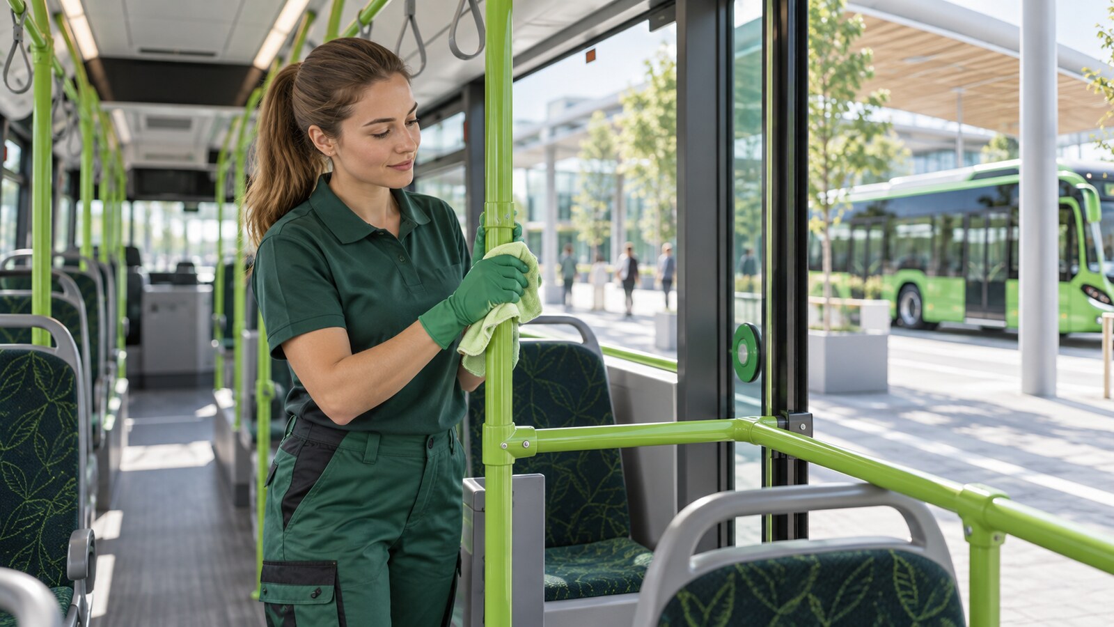 Professional maintaining a clean public transport interior