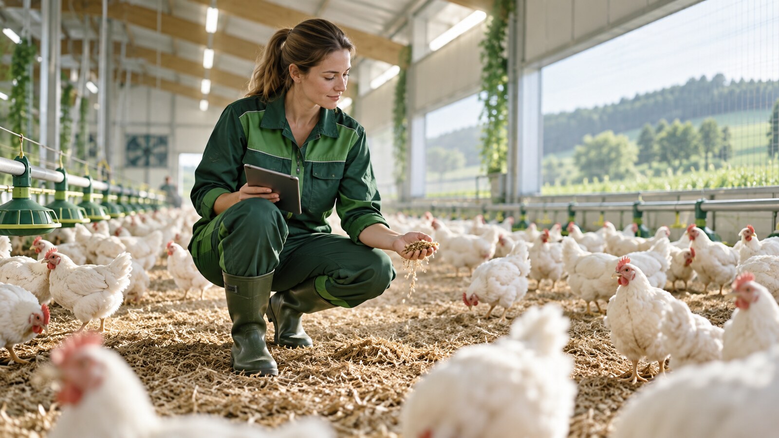 Professional inspecting a modern poultry environment